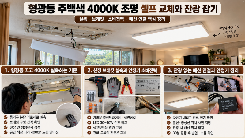 형광등 주백색 4000K 조명 셀프 교체와 잔광 잡기