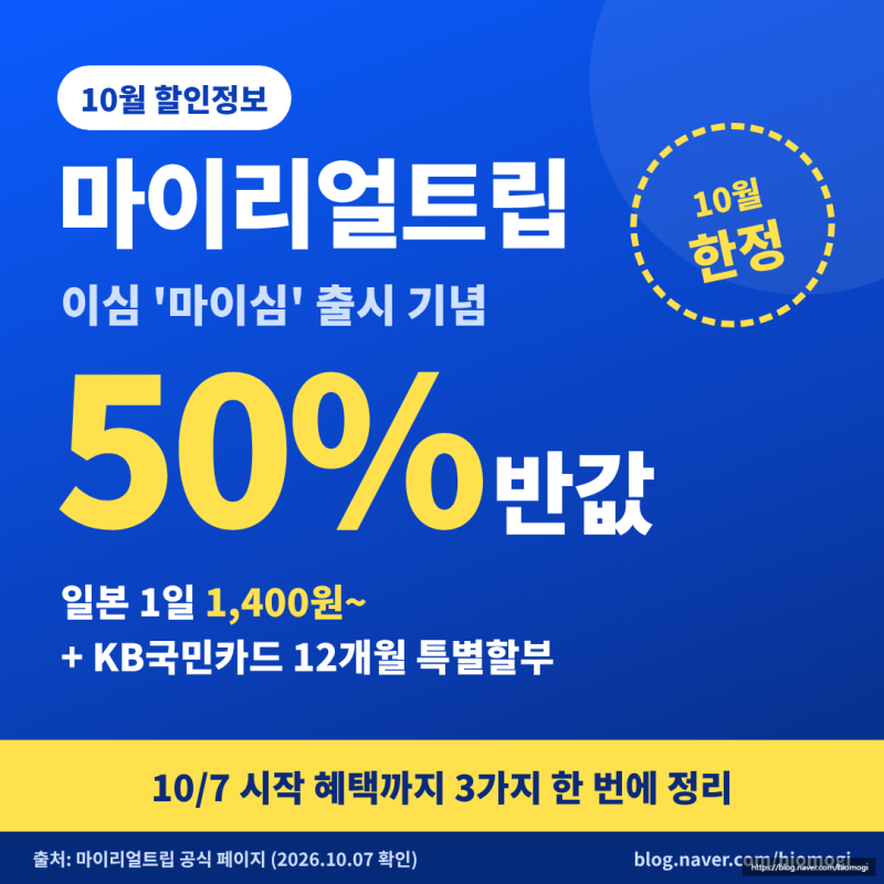 마이리얼트립 할인쿠폰 10월｜이심 마이심 50% 반값 + 국민·기업카드 혜택 정리