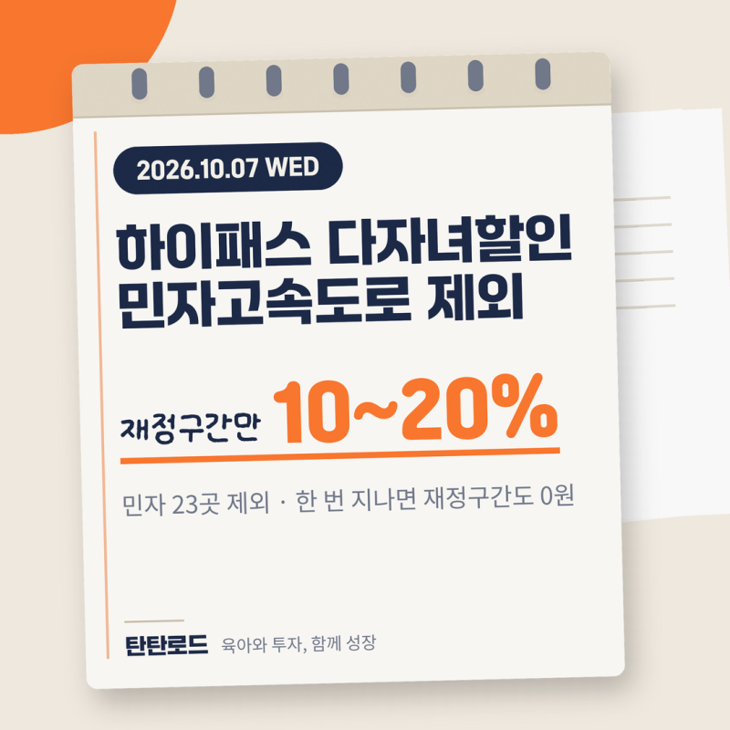 다자녀 통행료 할인 2자녀 10%, 인천대교 인천공항고속도로는 제외예요