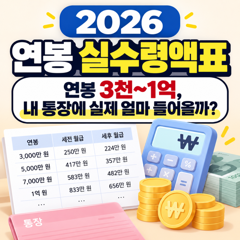 2026 연봉 실수령액표, 연봉계산기｜연봉 3천~1억, 내 통장에 실제 얼마 들어올까?