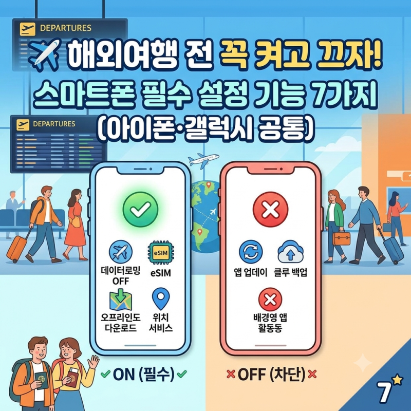 [해외여행 전 꼭 켜고 끄자! 스마트폰 필수 설정 기능 7가지 (아이폰·갤럭시 공통)]