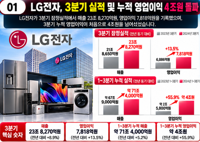 LG전자 3분기 누적 영업이익 첫 4조 돌파｜가전·전장 버티고 냉각·로봇으로 다음 승부수