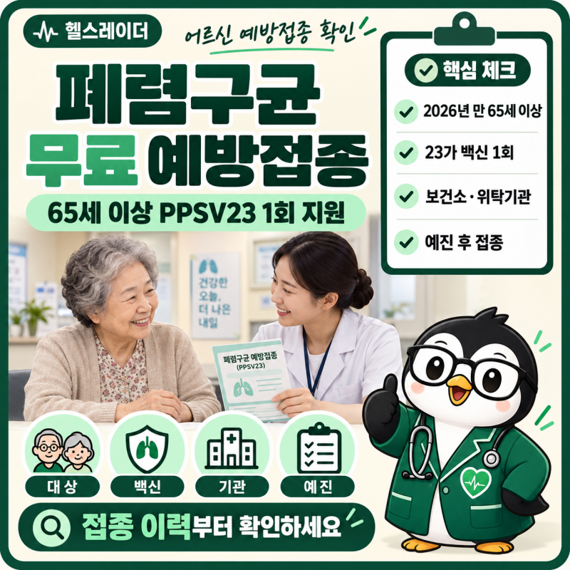 2026년 65세 이상 폐렴구균 예방접종, 무료 대상과 접종 장소