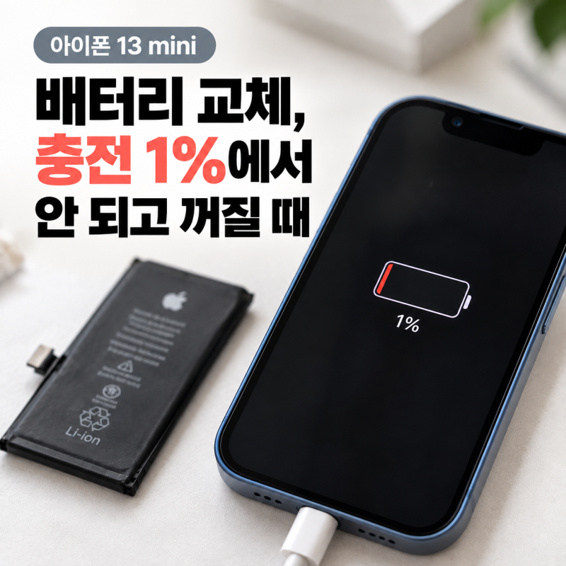 아이폰 13 미니 배터리 교체, 충전 1%에서 안 되고 꺼질 때