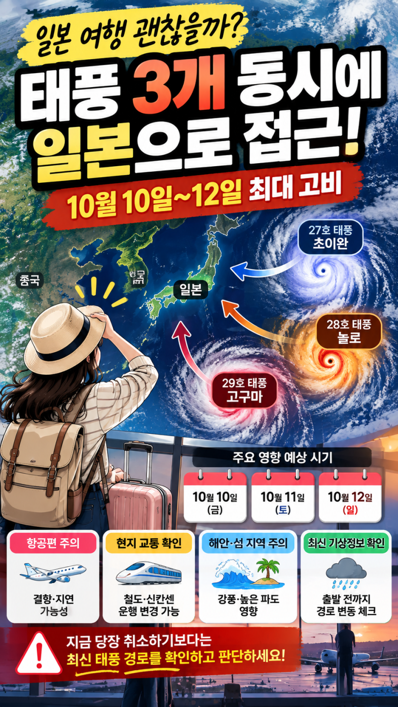 “일본 여행 괜찮을까?” 태풍 3개 동시 발생…10월 10~12일 초비상