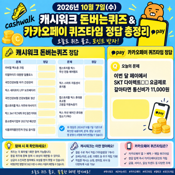2026년 10월 7일 캐시워크 돈버는퀴즈 정답 총정리｜카카오페이 퀴즈타임 정답까지