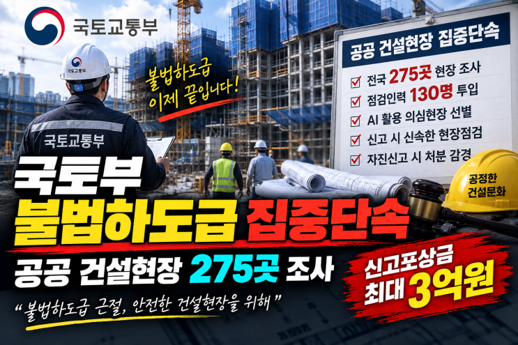 <b>국토부 불법하도급</b> 집중<b>단속</b>, 공공 건설현장 275곳 조사…신고포상....
