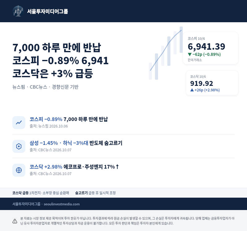 [서울투자미디어그룹] 코스피 7,000 하루 만에 반납 → −0.89% 6,941, 삼성 −1.45%, 코스닥은 반대....