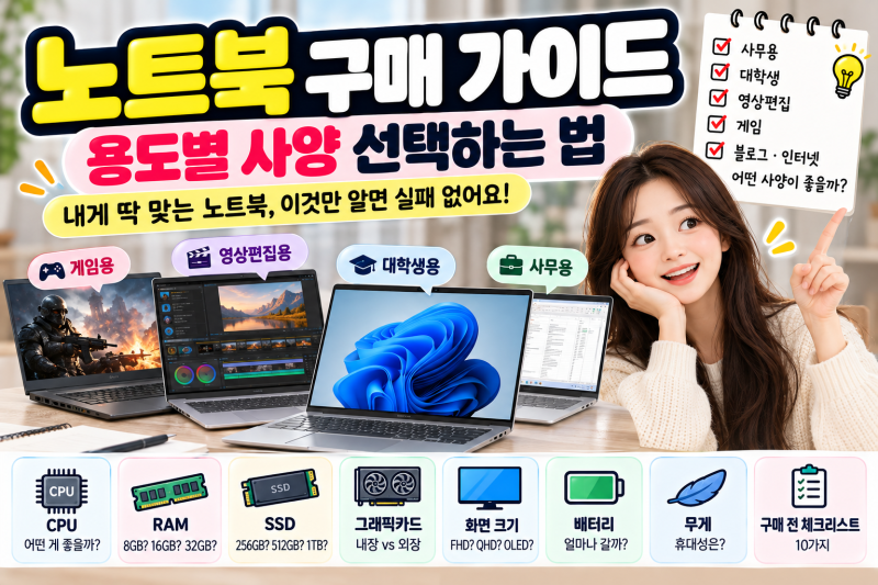 노트북 구매 가이드｜사무용·대학생·게임·영상편집 용도별 사양 고르는 법