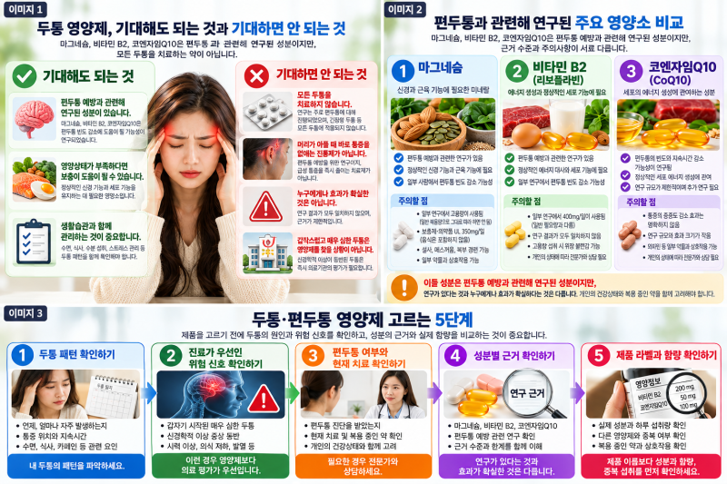 두통 영양제 어떻게 고를까요?｜마그네슘·비타민B2·코엔자임Q10 성분 근거와 주의사항