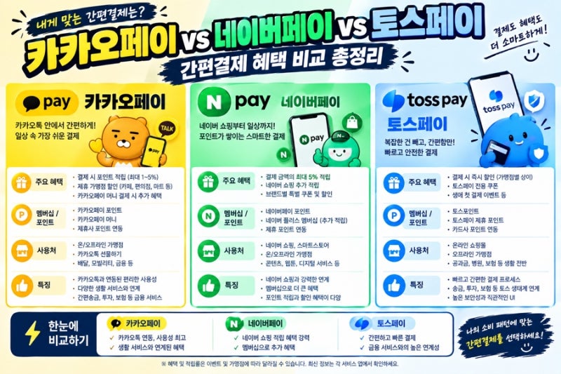 카카오페이 vs 네이버페이 vs 토스페이 — 간편결제 혜택 비교 총정리