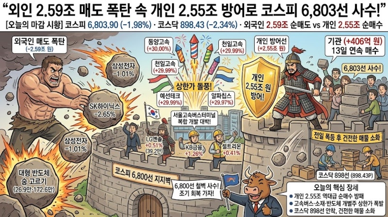 [1007 한국 증시 마감] : "외인 2.59조 매도 폭탄 속 개인 2.55조 방어로 코스피 6,803선 사수!"