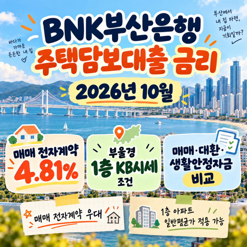 BNK부산은행 주택담보대출 금리 2026년 10월｜매매 전자계약 4.81%, 부울경 1층 KB시세 조건까지