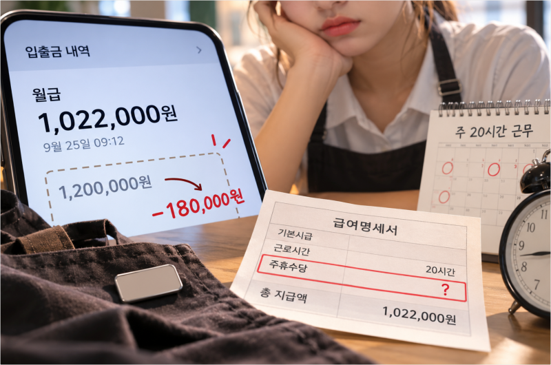 주 20시간 알바인데 월급이 18만 원 적게 들어왔다면, 주휴수당을 안 준 겁니다