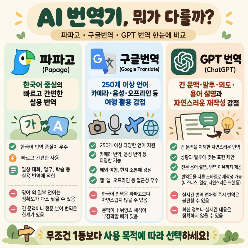 AI 번역기 뭐가 좋을까? 파파고·구글번역·GPT 차이 비교