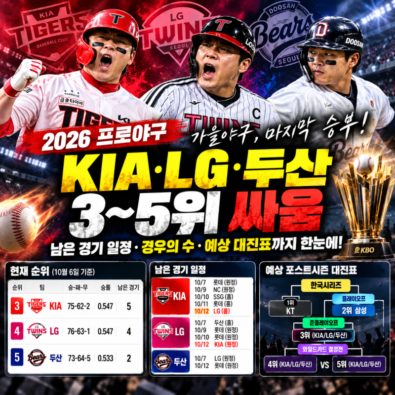 [프로야구] KIA·LG·두산, 가을야구 3~5위 경우의 수는?…마지막 10월 12일 광주 KIA-LG전까지 간다