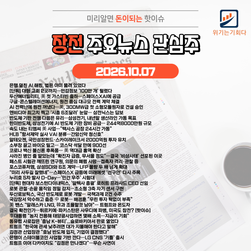 (10/7) 장전 뉴스 및 관련주 [보안/양자암호/원전/전력/반도체/통신/제약/2차전지/우주/로봇/자....