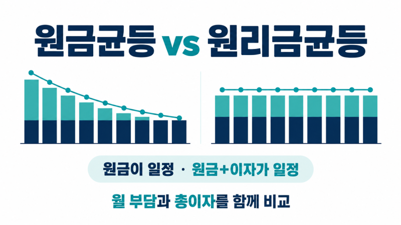 원금균등 원리금균등 차이, 3천만원 대출 월 납입액과 총이자 비교