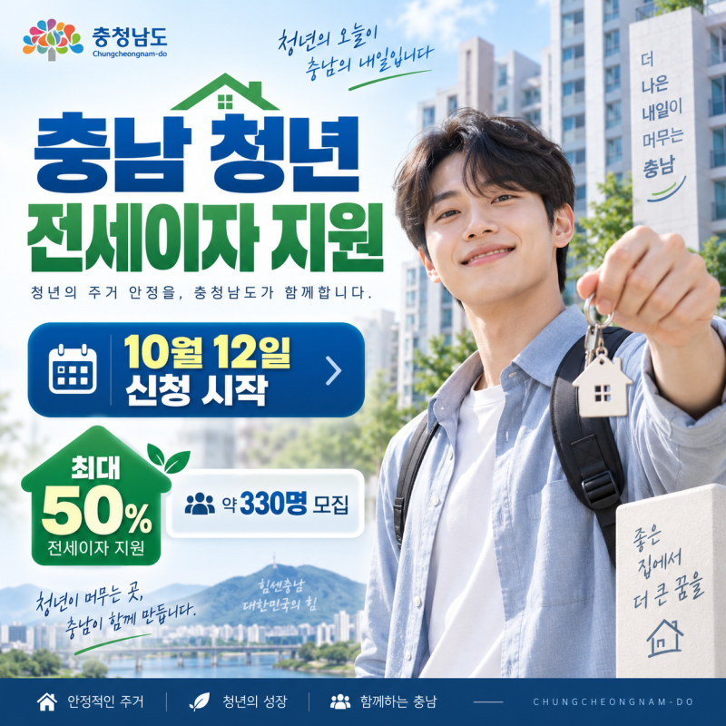 2026 충남 청년 전세대출 이자 30~50% 지원｜10월12일 신청, 330명 모집