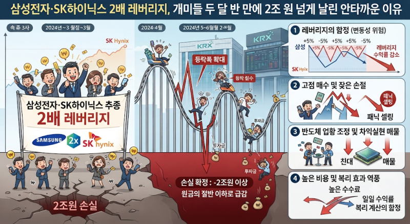삼성전자 SK하이닉스 2배 레버리지 투자했다가 개미들이 두 달 반 만에 2조 원 넘게 날린 안타....