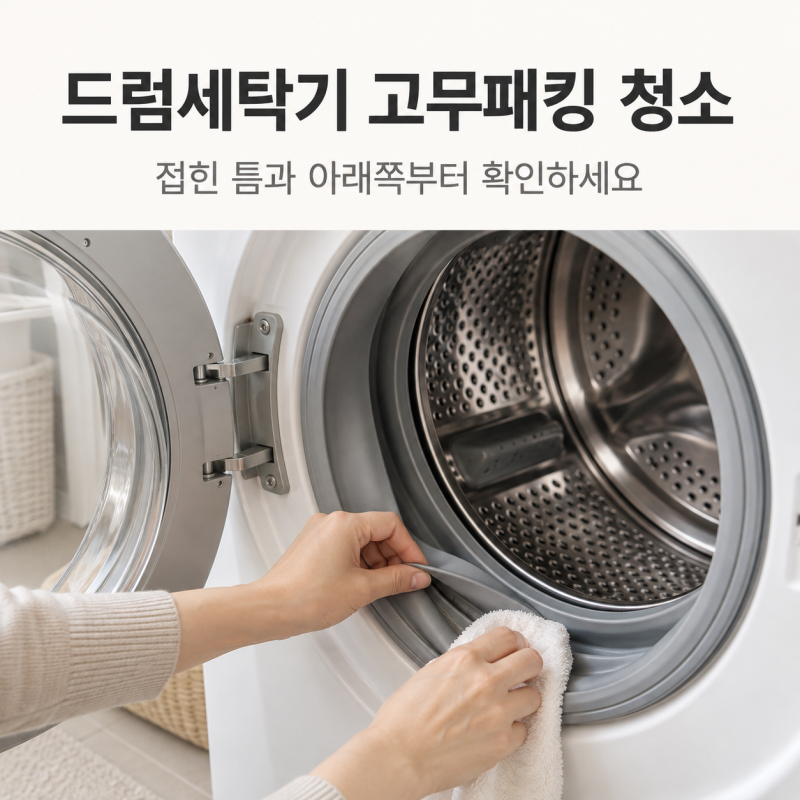 드럼세탁기 고무패킹 청소, 접힌 틈과 아래쪽 확인하는 순서