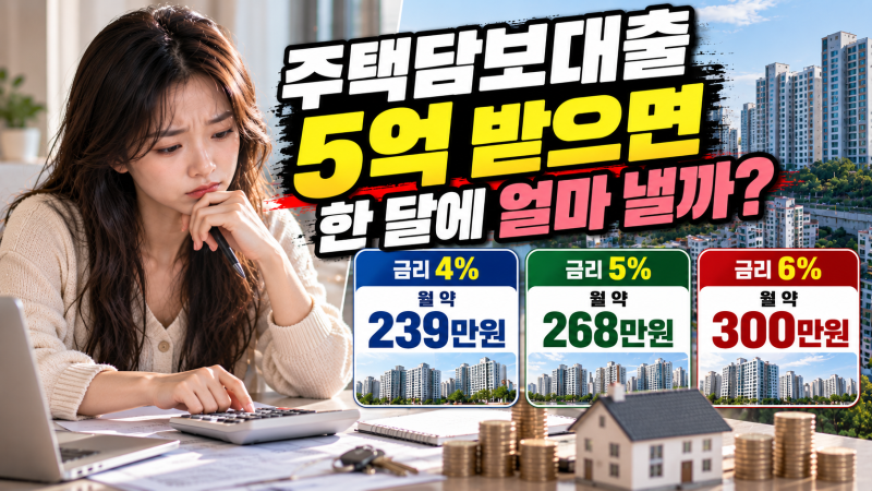 주택담보대출 5억 받으면 한 달에 얼마 낼까? 금리 4%·5%·6% 월 상환액 계산