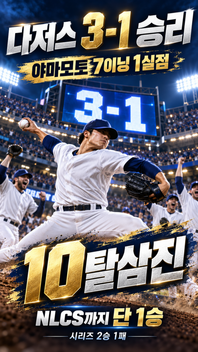 야마모토 7이닝 10K 압도…다저스 3-1 승리, NLCS까지 단 ‘1승’