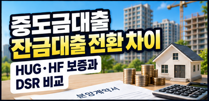 중도금대출 잔금대출 전환 차이｜HUG·HF 보증과 DSR 비교