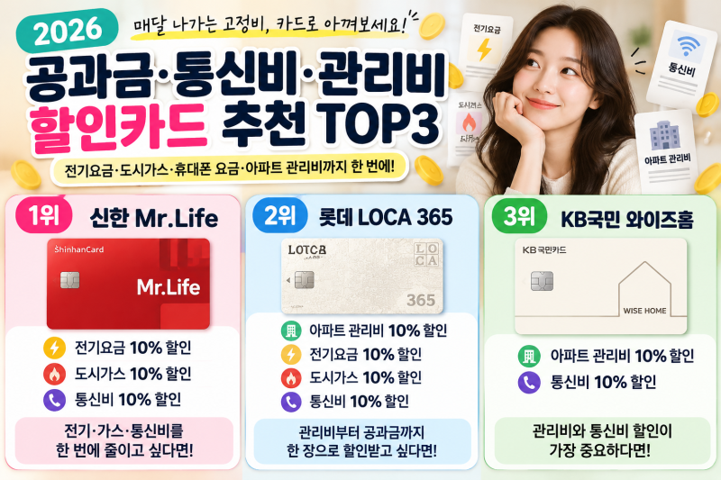 2026 공과금·통신비·관리비 할인카드 추천 TOP3｜생활비 할인 비교
