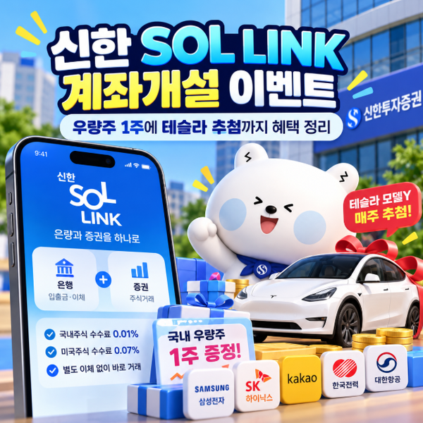 신한 SOL LINK 계좌개설 이벤트, 우량주 1주에 테슬라 추첨까지 혜택 정리