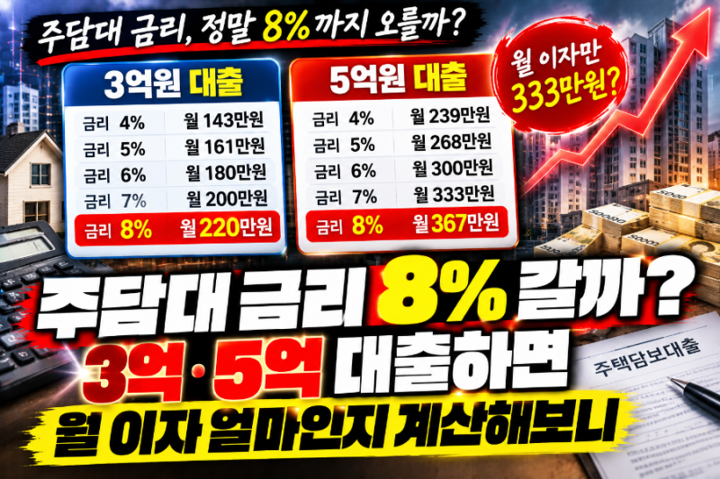 주담대 금리 8% 갈까? 3억·5억 대출하면 월 이자 얼마인지 계산해보니