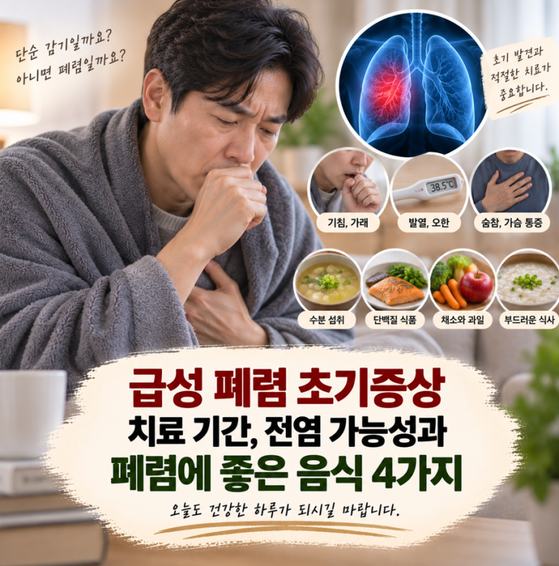 급성 폐렴 초기증상 치료 기간, 전염 가능성과 폐렴에 좋은 음식 4가지