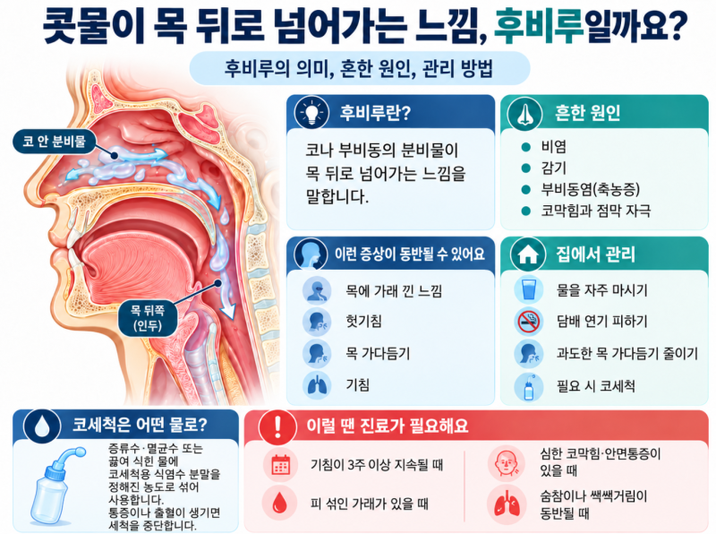 콧물이 목 뒤로 넘어가고 기침이 난다면? 후비루의 원인과 대처