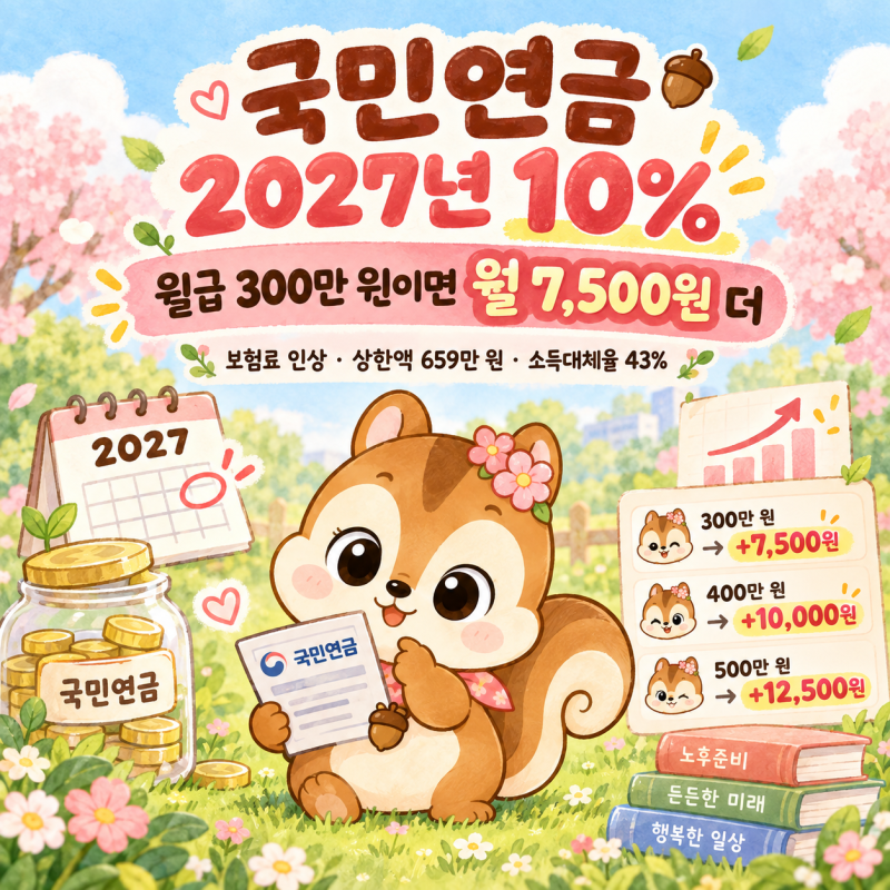 국민연금 보험료 2027년 10% 인상 정리: 월급 300·400·500만 원 내 부담액 계산, 상한액 659만 원, ....