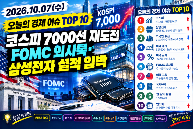 오늘의 경제 이슈 TOP 10｜코스피 7000선 재도전·FOMC 의사록·삼성전자 실적 임박