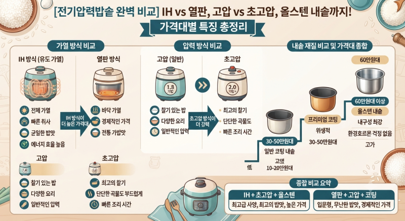 [전기압력밥솥 완벽 비교] IH vs 열판, 고압 vs 초고압, 올스텐 내솥까지! 가격대별 특징 총정....