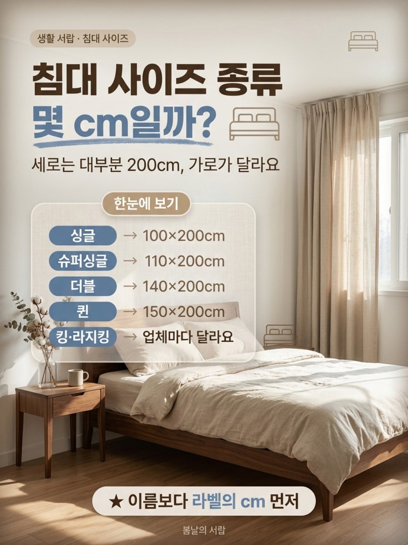 침대 사이즈 종류, 같은 킹인데 업체마다 다르다고?｜싱글·슈퍼싱글·라지킹 cm·방 크기