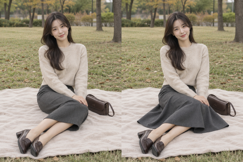 가을 피크닉 코디, 미디스커트는 H라인과 A라인 중?