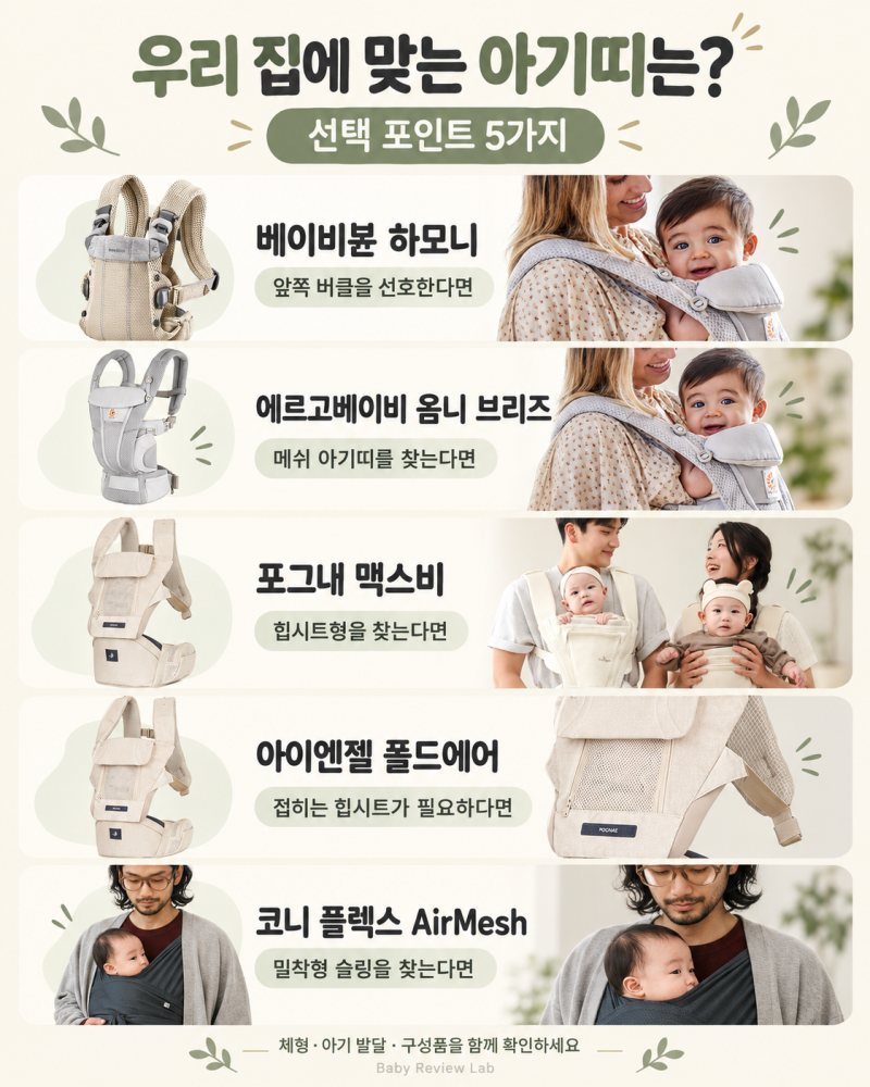 아기띠 추천 5종 비교｜베이비뵨·에르고베이비·포그내·아이엔젤·코니, 우리 집에 맞는 선....