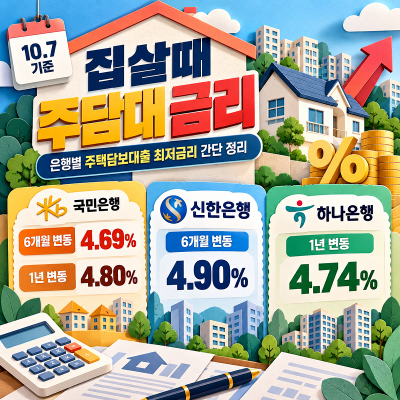 집살때 주담대 금리 10.7일 기준 은행별 주택담보대출 최저금리 간단 정리
