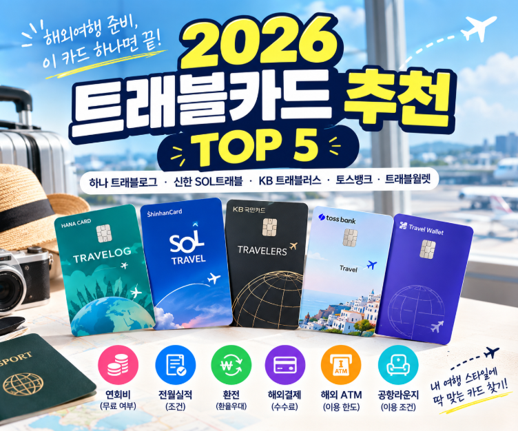 2026 트래블카드 추천 TOP 5 ✈️하나 트래블로그·신한 SOL트래블·KB 트래블러스·토스 비교
