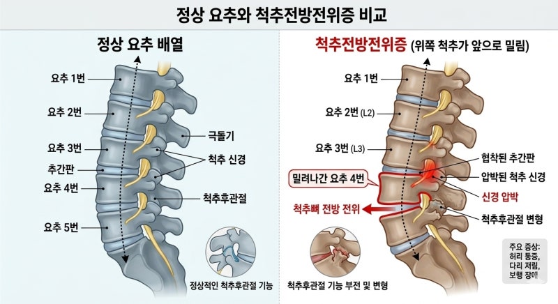 척추전방전위증, 허리뼈가 앞으로 밀리는 병? 정의·원인·수술 기준까지 한 번에 정리