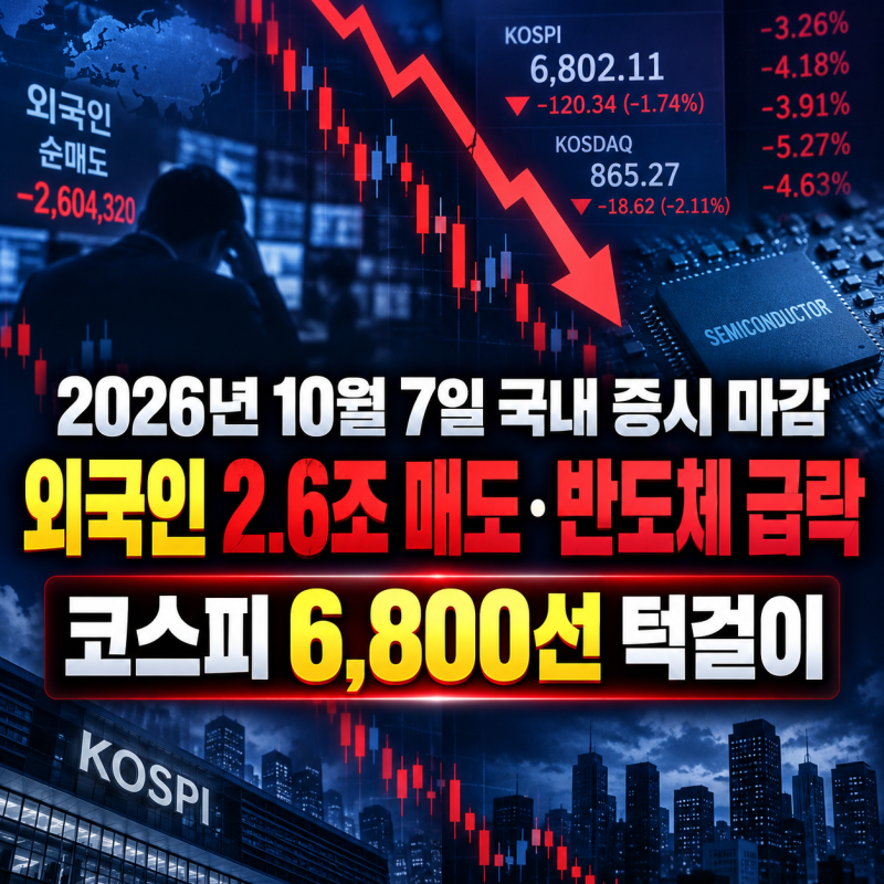 2026년 10월 7일 국내 증시 마감｜외국인 2.6조 매도·반도체 급락, 코스피 6,800선 턱걸이