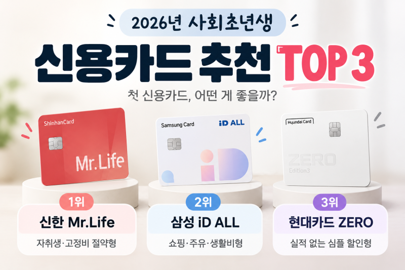 2026 사회초년생 신용카드 추천 TOP3｜첫 신용카드 혜택 비교 (신한 Mr.Life·삼성 iD ALL·현대 ZERO)