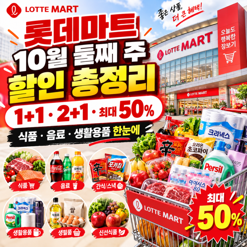롯데마트 10월 둘째 주 할인 1+1·2+1·최대 60% 생활용품까지
