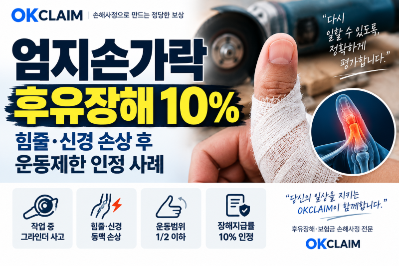 엄지손가락 후유장해 10%｜힘줄·신경 손상 후 운동제한 인정 사례