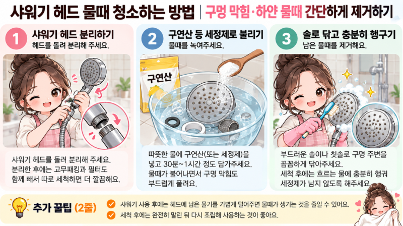 샤워기 헤드 물때 청소하는 방법｜구멍 막힘·하얀 물때 간단하게 제거하기