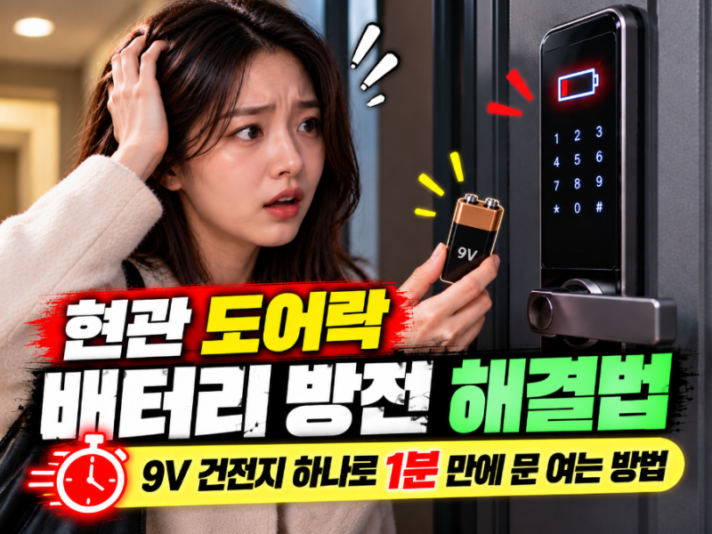 현관 도어락 배터리 방전 해결법, 9V 건전지 하나로 1분 만에 문 여는 방법
