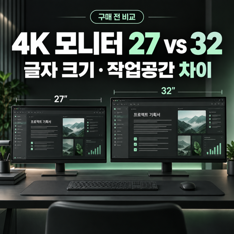 4K 모니터 27인치 vs 32인치, 글자 크기와 작업공간 얼마나 차이 날까?