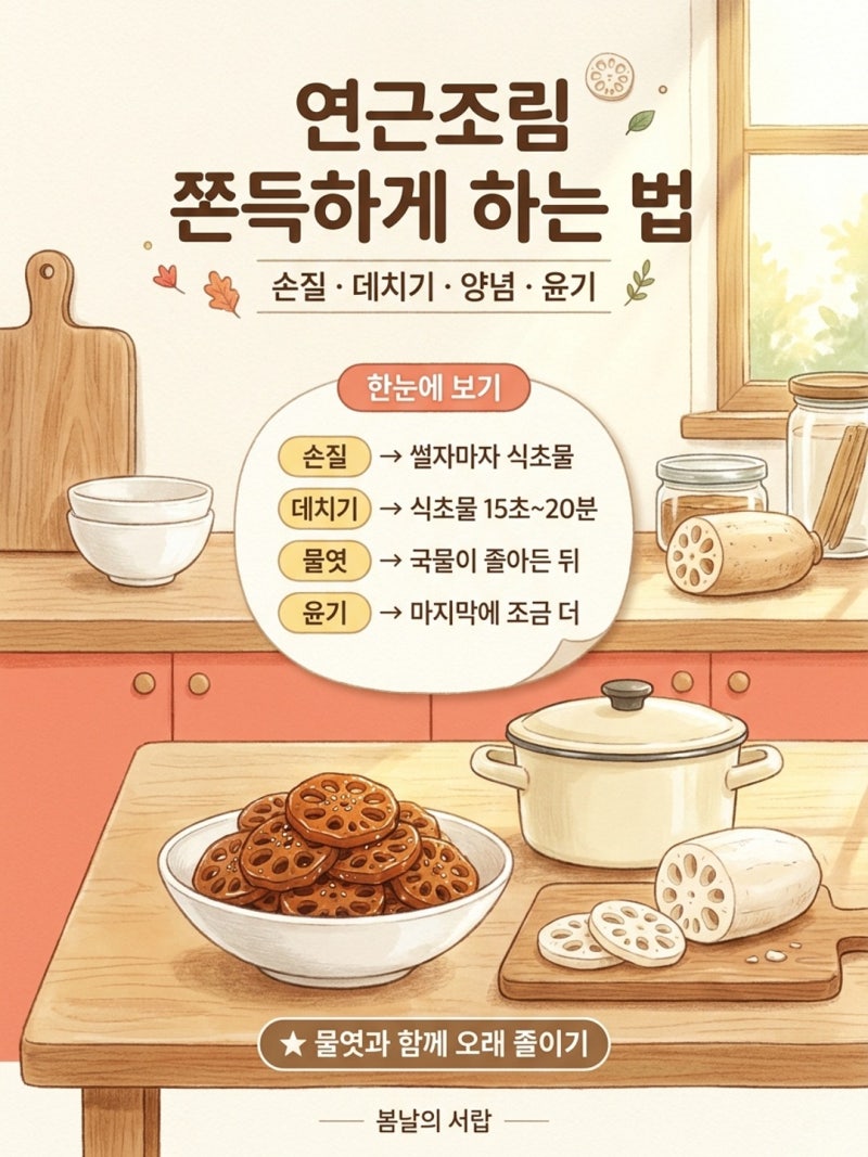 연근조림 쫀득하게 하는 법, 데치는 시간이 80배 차이 나는 이유｜양념 비율·갈변·보관